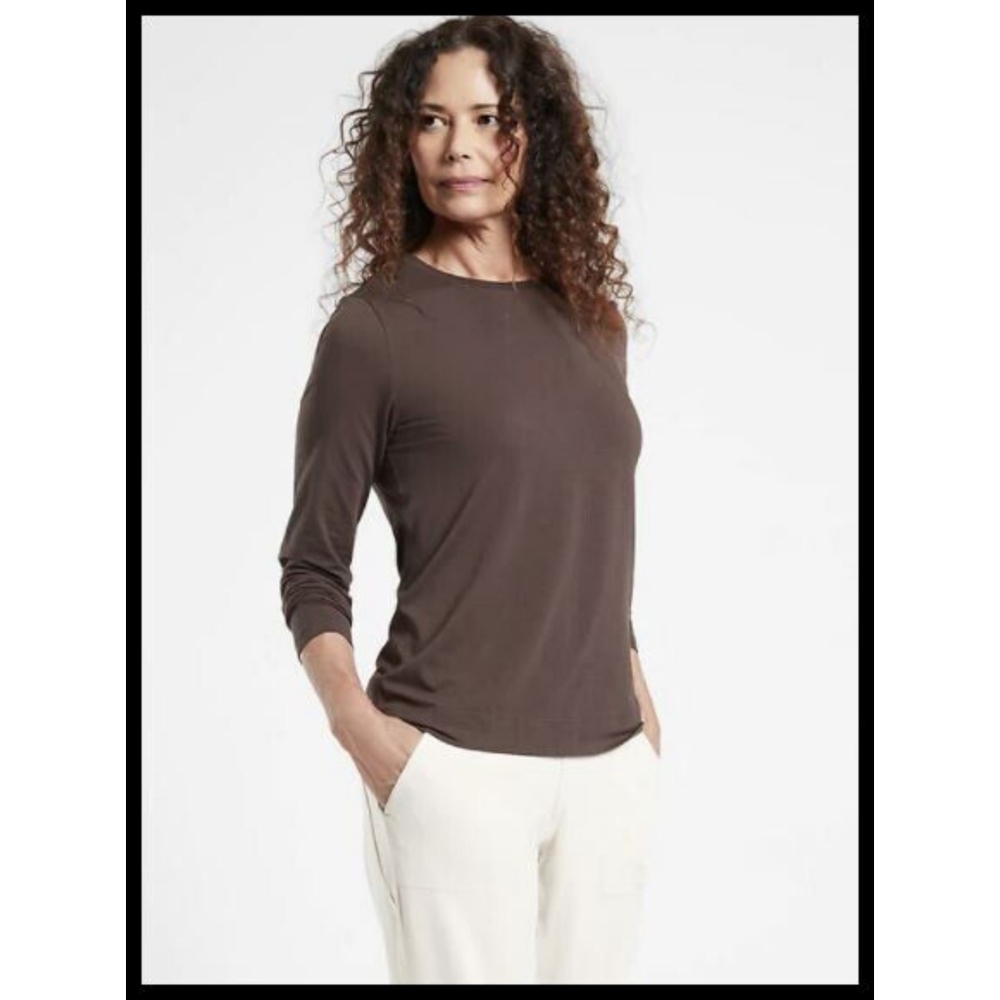 Athleta T Shirt Womens XL Brown Outbound Top Tee Long Sleeve Cotton Walnut